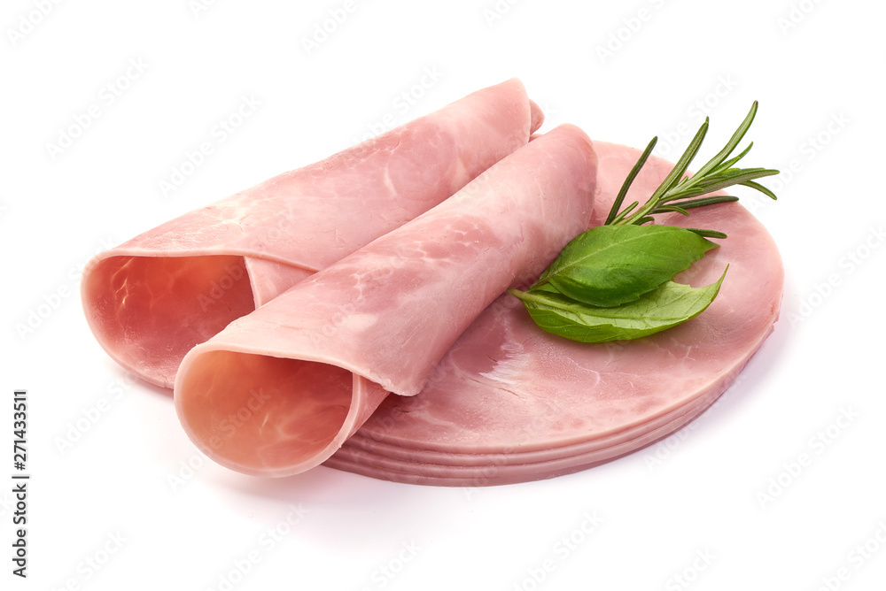 Boiled Ham Slices, close-up, isolated on white background Boiled Ham Slices, close-up, isolated on white background