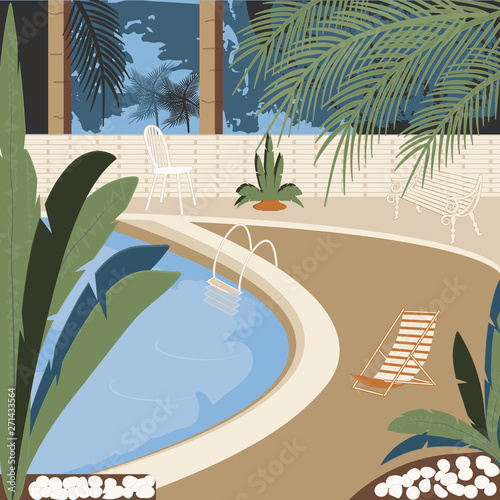 Pool - interior - chaise longue, armchair, chair, trees, fenced area, - illustration, vector. Relaxation. Swimming.