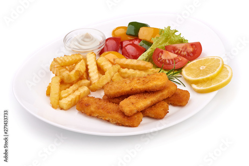 Portion of fried Fish Fingers with French Fries and vegetables, close-up, isolated on white background