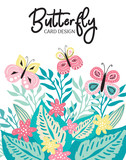 Premade greeting or business flyer and card design with colorful hand drawn butterfly and leaves. Sweet vector template for party invitation, t-shirts, flyer and banners
