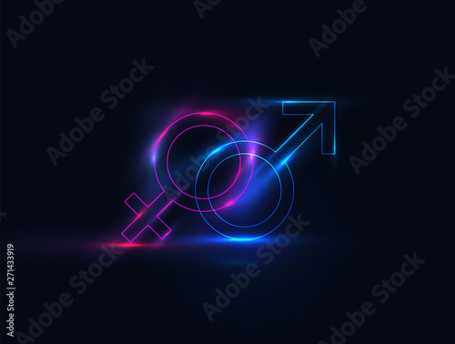Neon glowing male and female symbol. Gender symbols. Vector illustration.