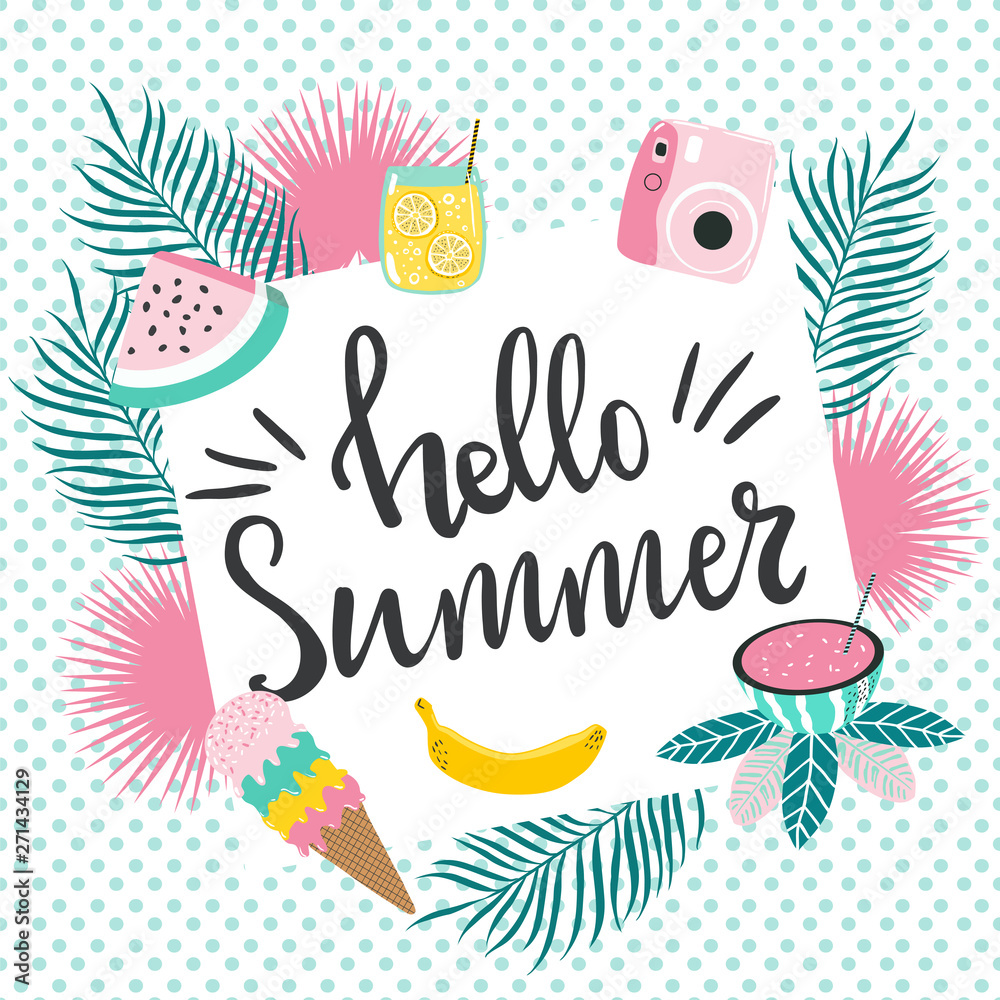 Abstract summer design card good for prints,flyers,banners,invitations,special offer and more. Hand drawn modern lettering Hello Summer and clipart about summer