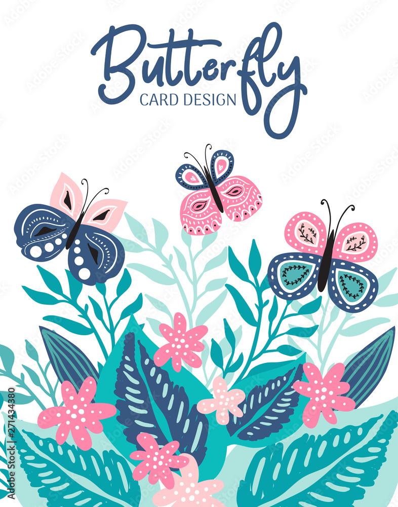 Premade greeting or business flyer and card design with colorful hand drawn butterfly and leaves. Sweet vector template for party invitation, t-shirts, flyer and banners