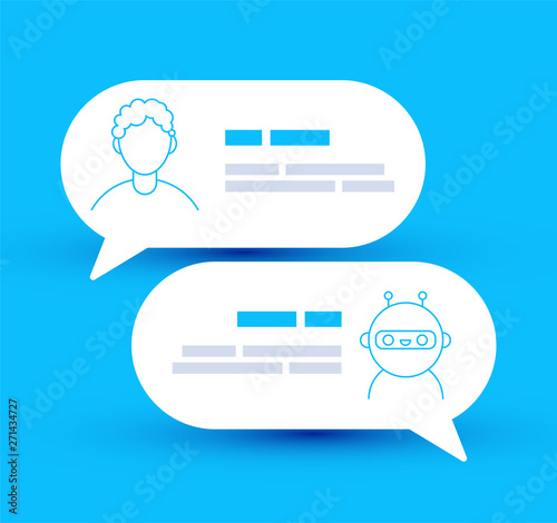Vector lined modern style vector illustration icon design. Chat bot robot concept, Dialog help service.Cute smiling chat bot is chatting with a person man. 