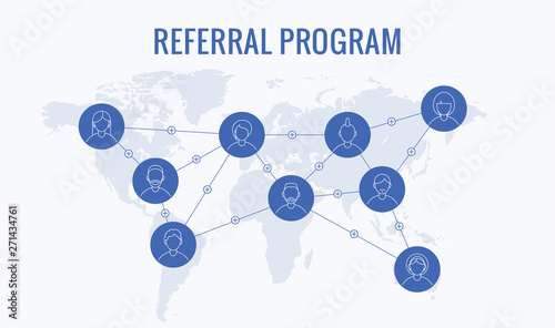 Worldwide referral program, network marketing, business partnership, referral program strategy. Flat cartoon design, vector illustration on white background