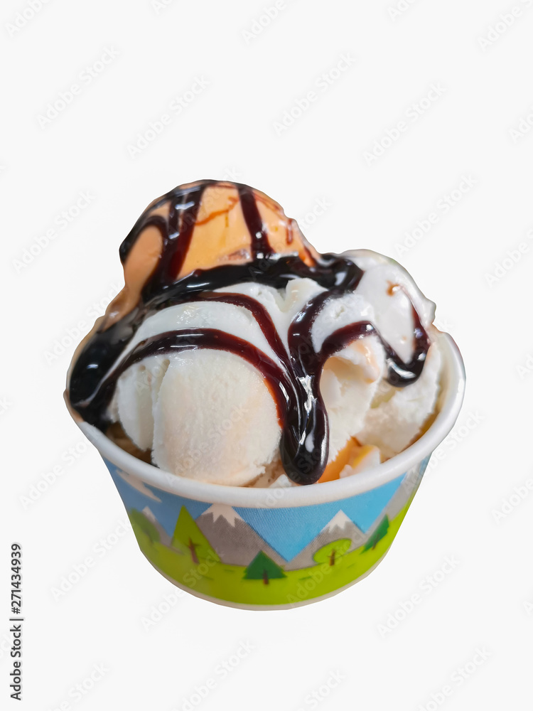 Coconut milk ice cream and tea ice cream topped with chocolate sauce in a paper cup on a white background, isolate Coconut milk ice cream and tea ice cream topped with chocolate sauce in a paper cup on a white background, isolate