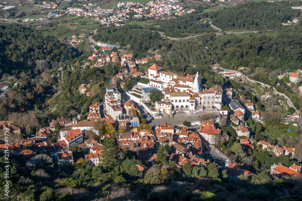 Aerial view of Sintra old town centre in winter sunshine