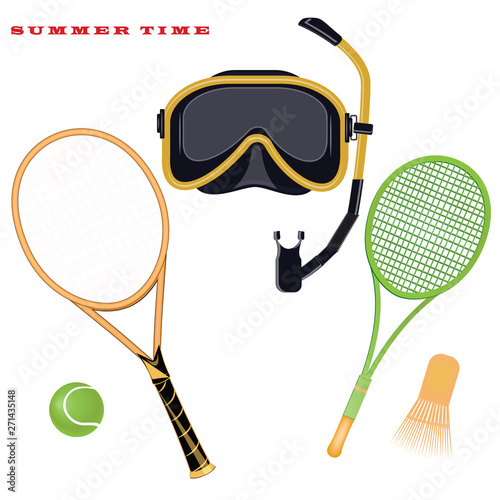 Sports accessories for summer holidays - diving mask, tennis racket, ball, badminton, shuttlecock - isolated on white background - vector