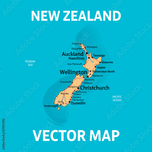 Vector map of New Zealand with cities, rivers and roads on separate layers.