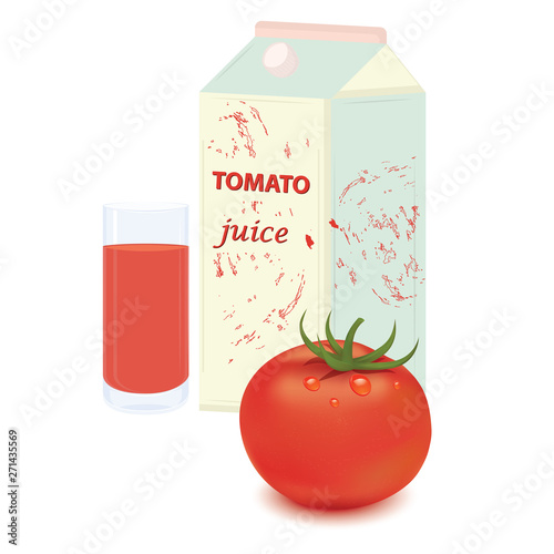 Tomato realistic, paper bag and glass with tomato juice - isolated on white background - vector