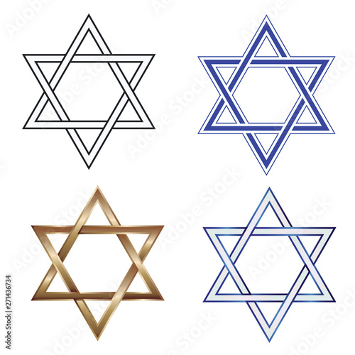Star of David - black and white, gold, white and blue, isolated on white background - vector. Hanukkah. Religion. Tradition.