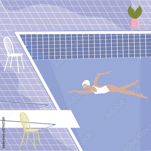 Water sports. Woman in a swimsuit in an indoor pool, perspective, tile, springboard - flat style, vector.