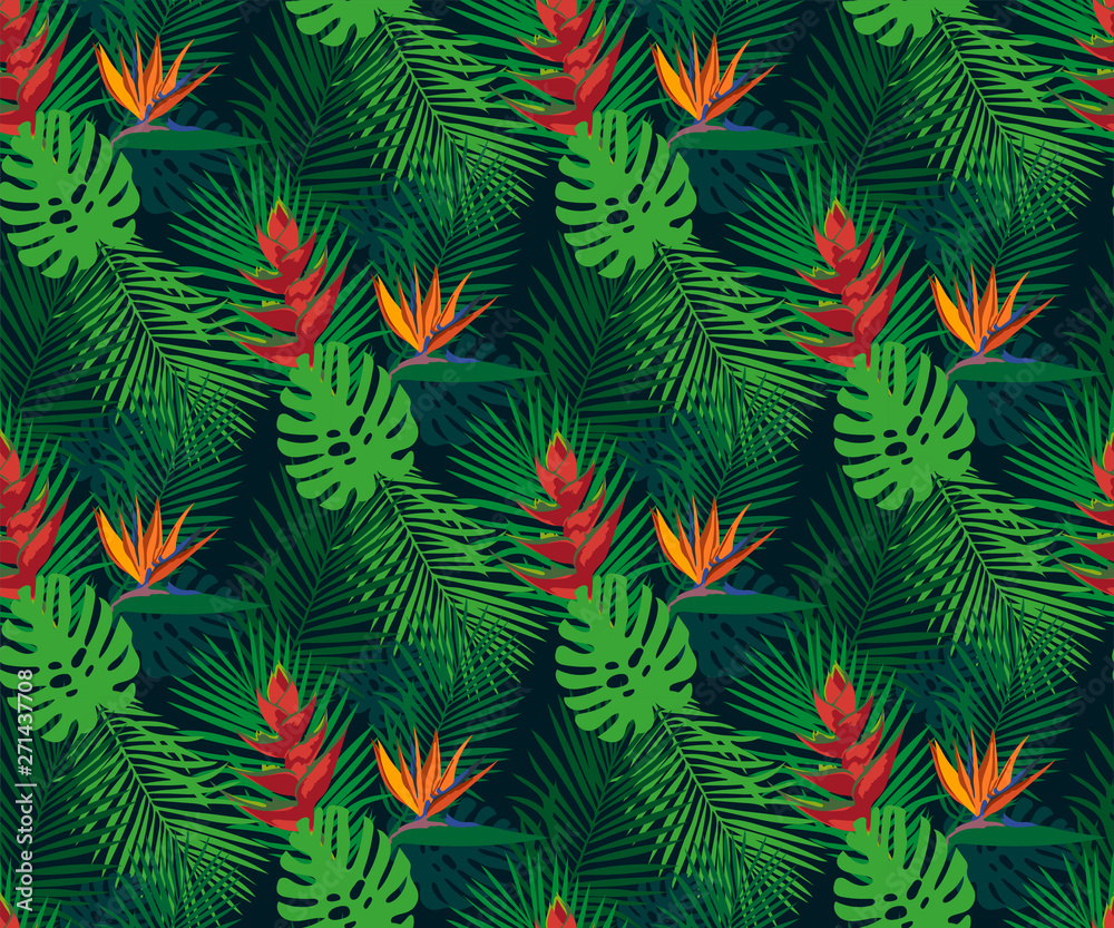Tropical wildlife seamless pattern. Tropical leaves and flowers vector pattern