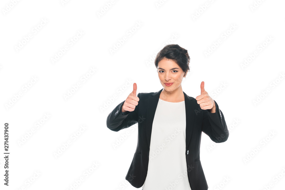 cheerful mixed race businesswoman showing thumbs up while looking at camera isolated on white cheerful mixed race businesswoman showing thumbs up while looking at camera isolated on white