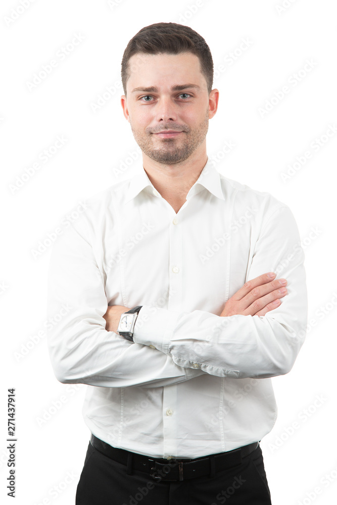Handsome smiling business man in white shirt standing with crossed arms, isolated on white background Handsome smiling business man in white shirt standing with crossed arms, isolated on white background