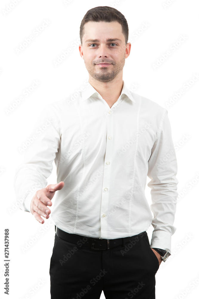 business and office concept - handsome buisnessman with open hand ready for handshake