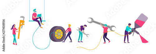 Car service having their repaired, cartoon people characters paint car, change wheels, automobile repair shop, vehicle service concept. Vector flat style illustration