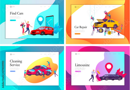 Landing page template mobile city transportation, online limousine, car sharing with family character and smartphone. People characters and automobile repair service, cleaning vehicle. Car wash