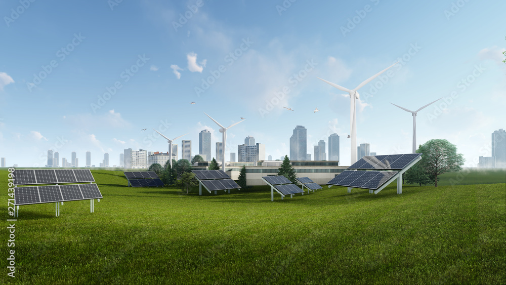 3d Rendering Illustration Of Wind Turbine And Solar Cell Sustainable ...
