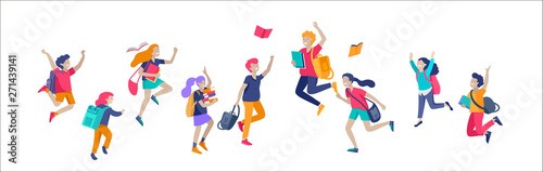 Happy school children joyfully jumping and laughing isolated on white background. Concept of happiness, gladness and fun. Vector illustration for banner, poster, website, invitation.