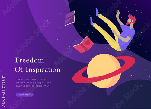 landing page template. Inspired People flying. Create your own spase. Character moving and floating in dreams, imagination and freedom inspiration design work. Flat design style