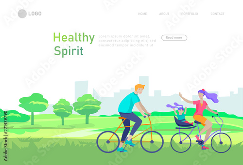 Landing page template with family riding bicycles, woman waving his hand, mother riding bicycles with child. People cycling outdoor activities concept at park, healty life style. Cartoon illustration