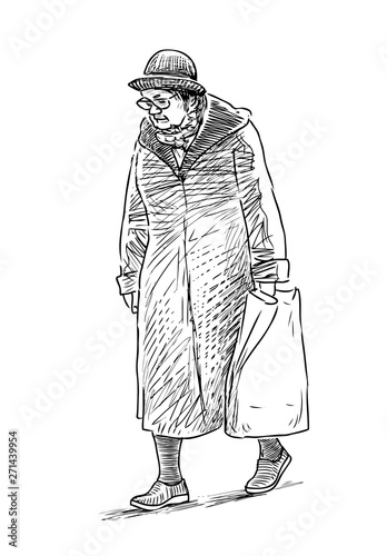A sketch of a sad old woman walking down the street