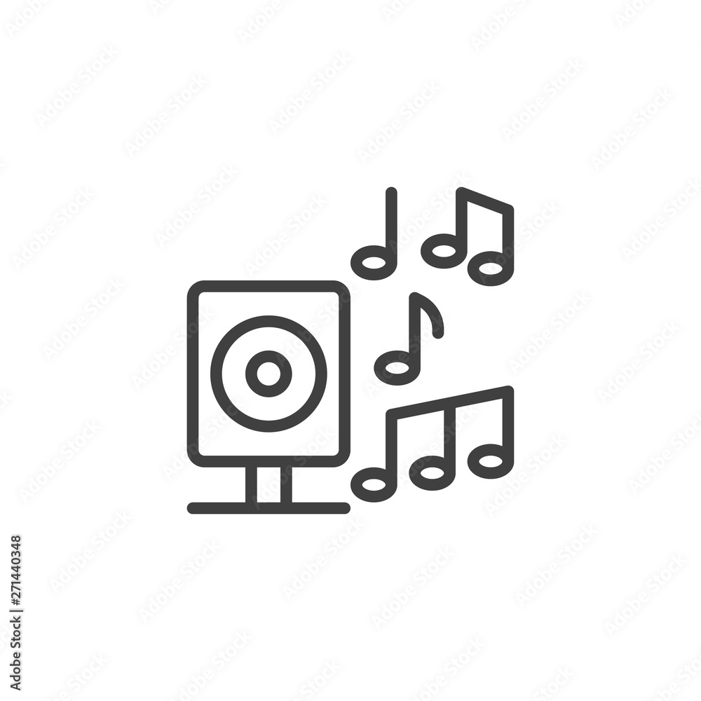 Music speaker and notes line icon. linear style sign for mobile concept and web design. Audio speaker with music notes outline vector icon. Party symbol, logo illustration. Vector graphics