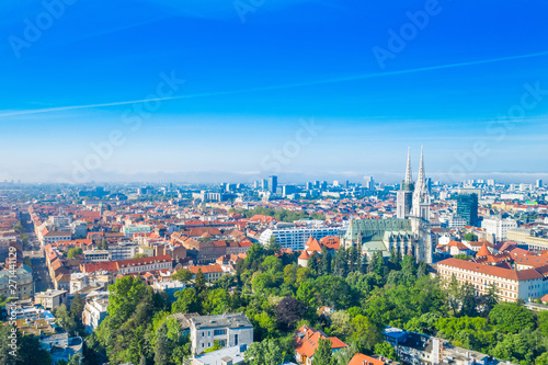 Aerial view of Zagreb, capital of Croatia, city center from drone and towers of cathedral