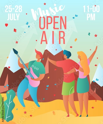 Modern cartoon flat characters,musical band guitarist,happy party people rejoice-holiday music fest,open air banner flyer summer design.Musician with guitar playing music,jazz,rock,blues