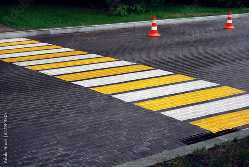 Pedestrian crossing and traffic cones on a paved road on rainy day © Enso