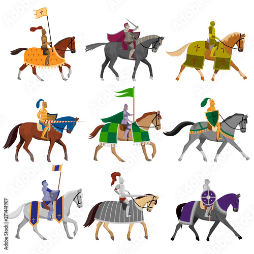 Set of old medieval knights in helmet with different horses