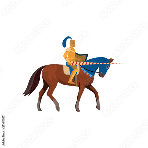 Medieval knight in gold armor with long spear with horse