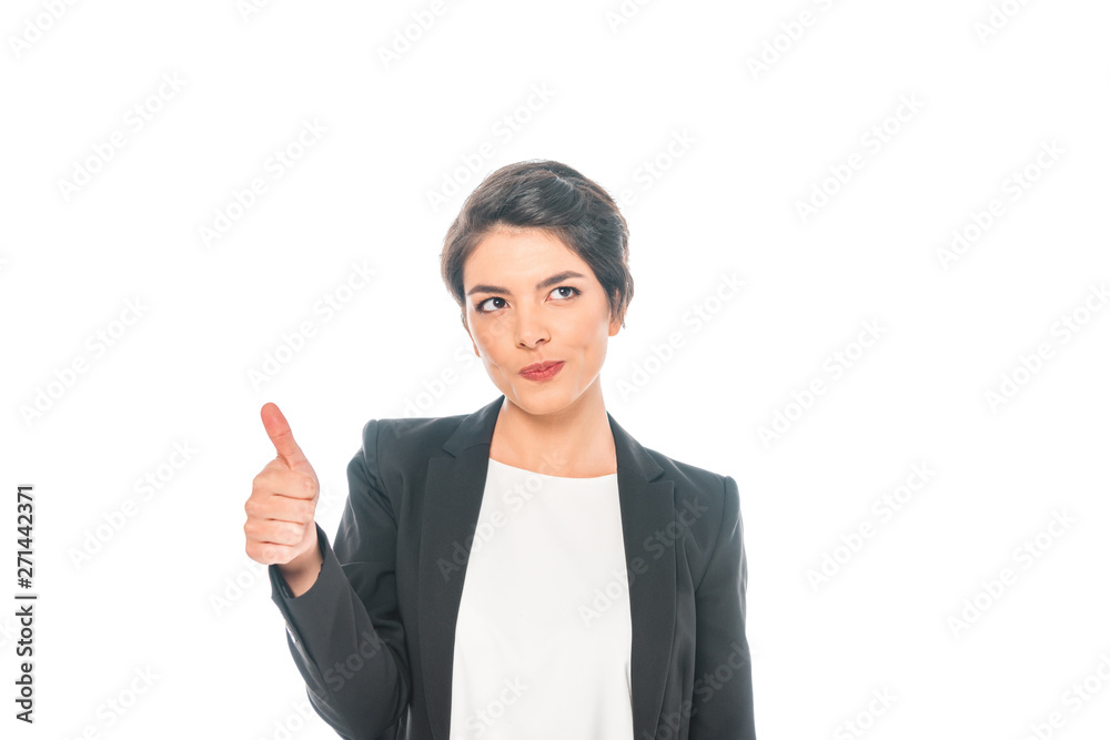 Smiling mixed race businesswoman showing thumb up and looking up isolated on white