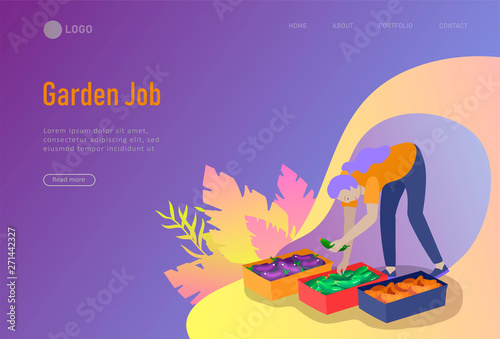 landing page template Harvesting and gardening people, woman and man doing farming and garden job, planting, lay ripe vegetables to box. Reaping crop concept