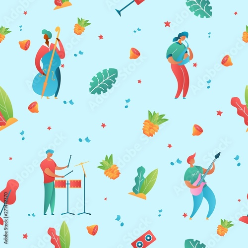 Colorful modern flat cartoon characters playing drums,sax,double bass,guitar-holiday music fest,party,open air flyer banner poster summer design.Flat people cartoon musicians,seamless pattern