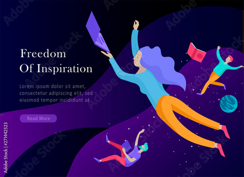 landing page template. Inspired People flying. Create your own spase. Character moving and floating in dreams, imagination and freedom inspiration design work. Flat design style