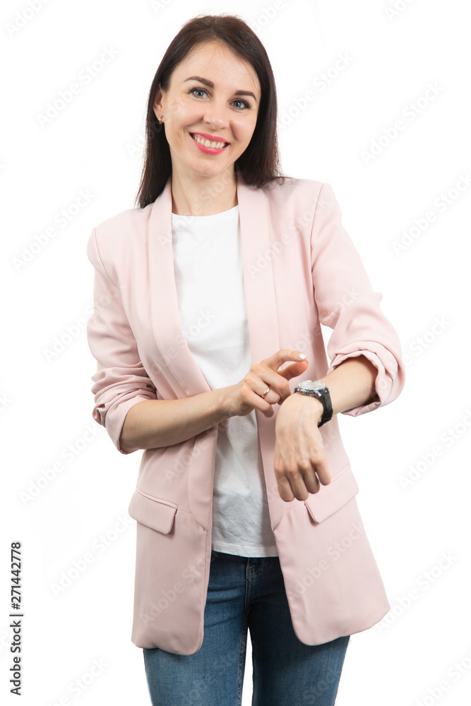 Business woman pointing at the time. Running late