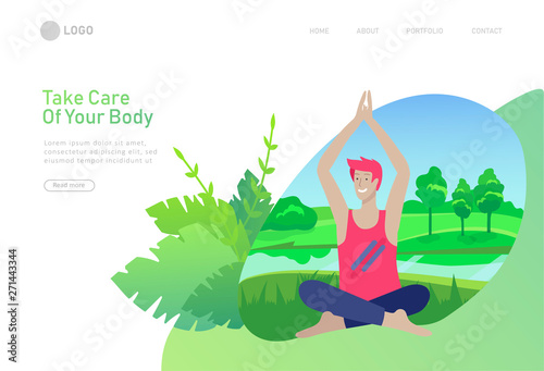Web page design template with man meditate, sitting in yoga posture at home and at outdoor. Practice yoga lesson on nature. Mental health concept. Vector illustration cartoon