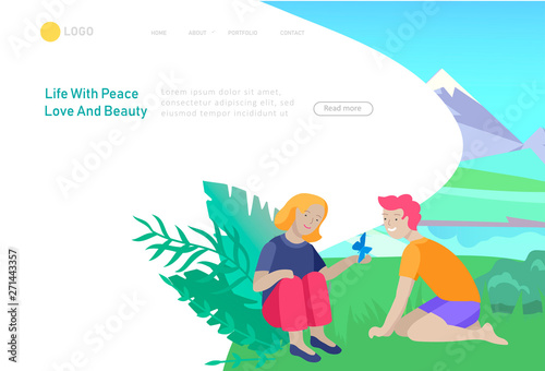 Landing page template with children girl and boy see a butterfly. Outdoor activities concept. Cartoon illustration