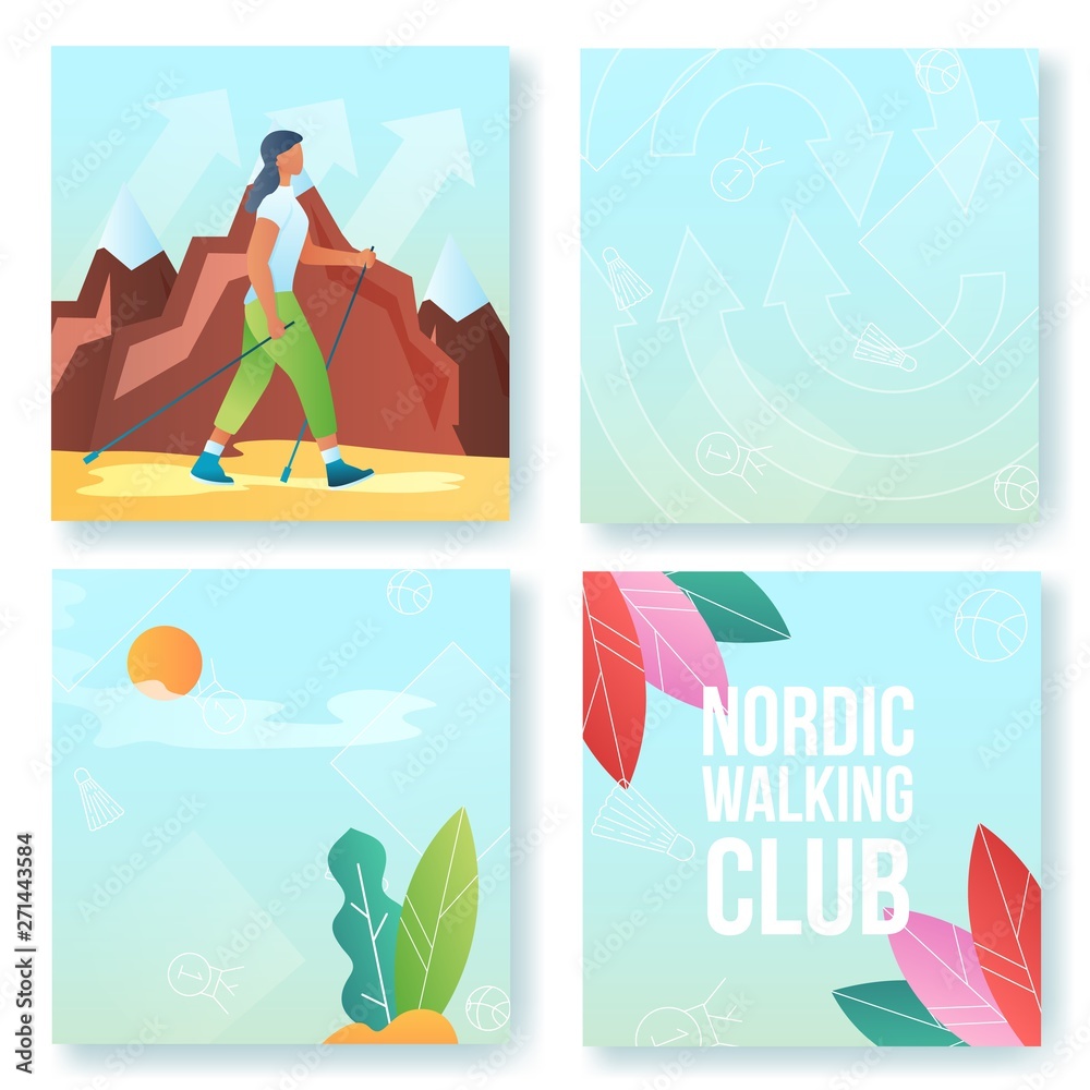 Cartoon flat character doing modern sport activity,nordic walking club