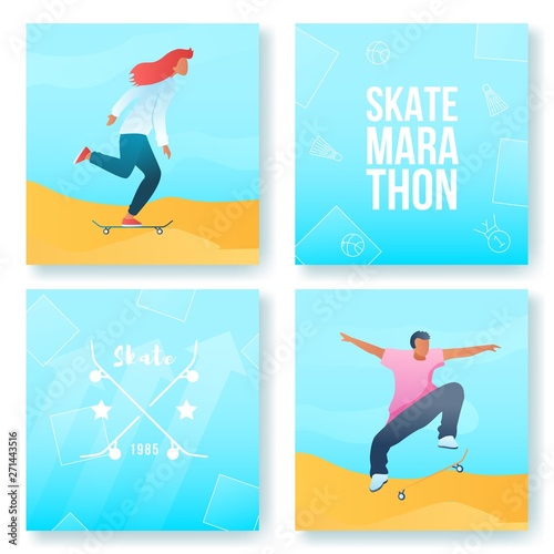 Cartoon flat characters modern sport activity skate marathon flyer banner poster web online concept healthy lifestyle summer design cards set.Flat cartoon family people girl boy skateboarding