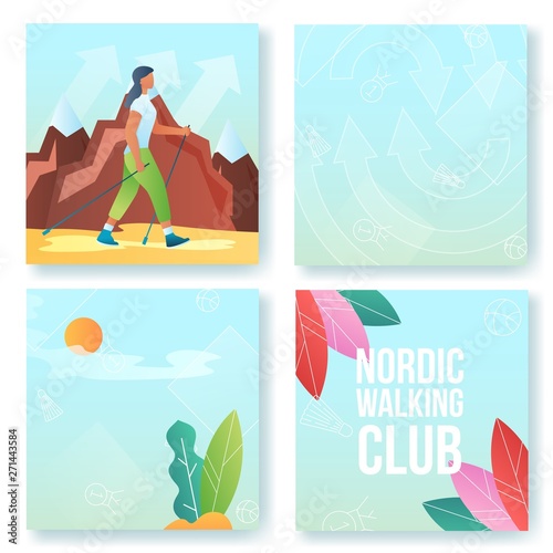 Cartoon flat character doing modern sport activity,nordic walking club flyer banner poster,web online concept,healthy lifestyle summer design cards set.Flat cartoon woman do nordic walking
