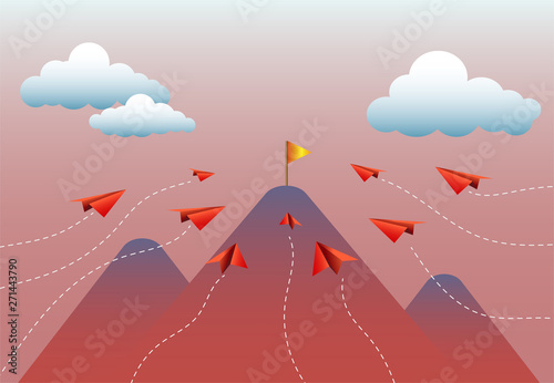 Paper airplane flying over the mountains between clouds. Business concept design vector image.