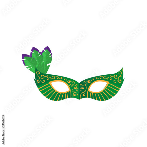 Green carnival festival mask with green violet feather