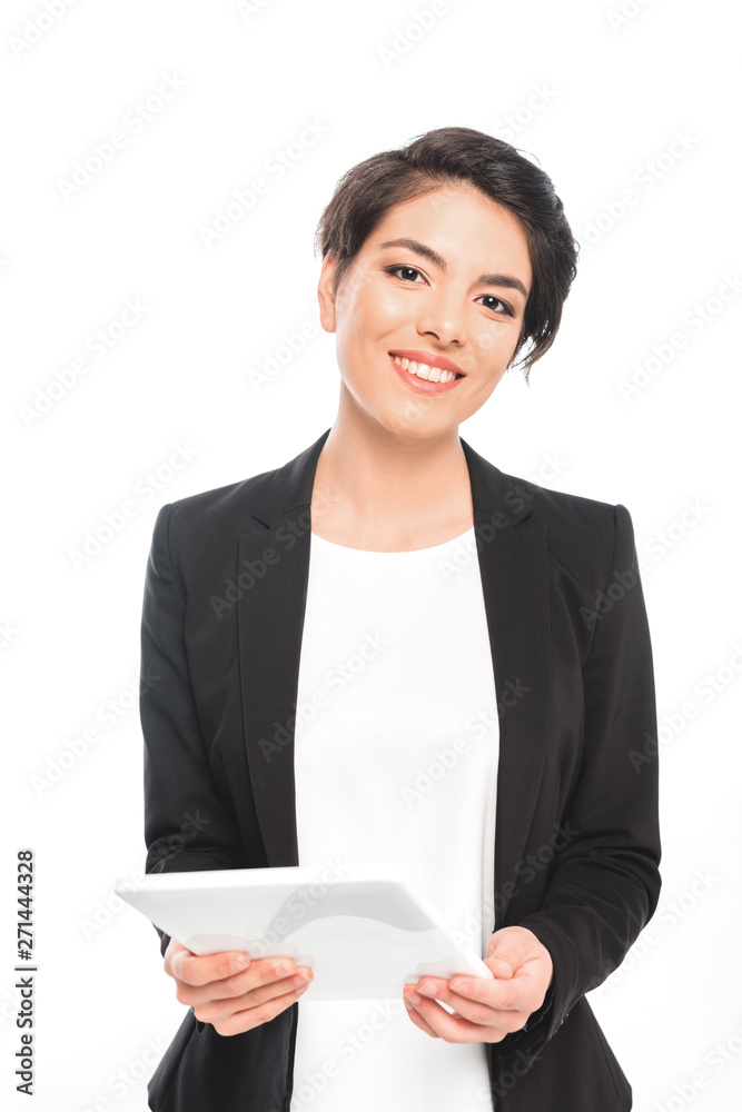attractive mixed race businesswoman holding digital tablet while looking at camera isolated on white attractive mixed race businesswoman holding digital tablet while looking at camera isolated on white