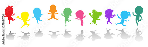 Cute kids playing jumping colorful ,Child silhouettes dancing, children silhouettes jumping on white background Vector illustration