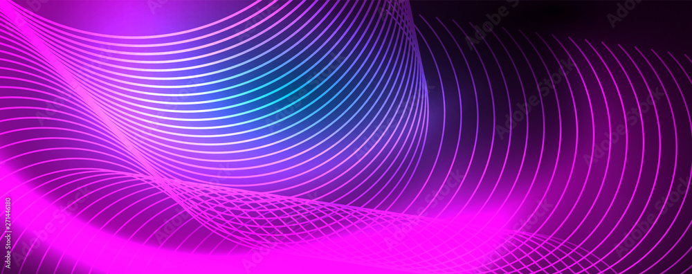 Fototapeta premium Trendy neon blue abstract design with waves and circles. Neon light glowing effect. Abstract digital background.