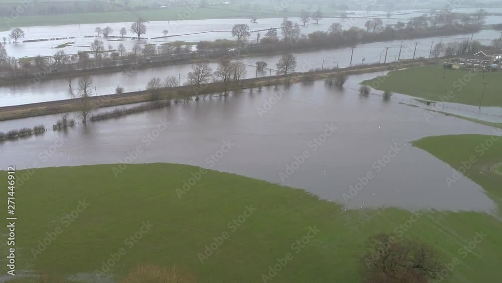 Aerial drone rising up over flood plain, UK Aerial drone rising up over flood plain, UK