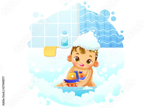 Cute baby boy playing in bath with a toy boat among the bubbles and foam. Vector illustration isolated on white background.